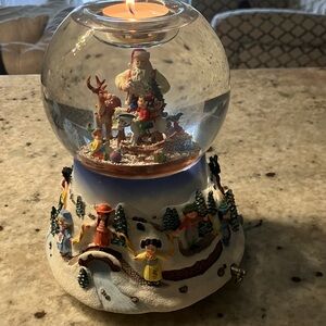 Partylite Snow Globe Christmas Santa Elf Musical Animated. Candle Holder